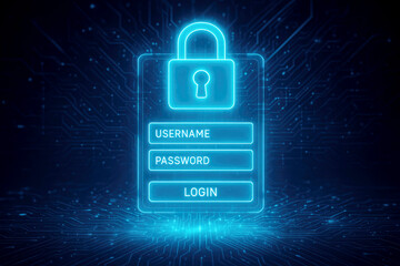 Neon blue digital padlock and login form with circuit board pattern and light effects password username