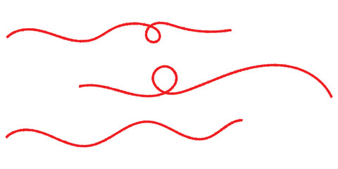 Red isolated vector thread icons on white background. Three different shapes thread on white page. Modern isolated curved thread on red colour. 