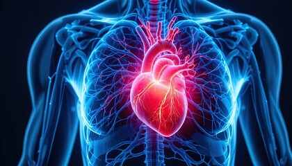Vibrant anatomical rendering of human heart and circulatory system for medical research, educational resources, and healthcare marketing campaigns