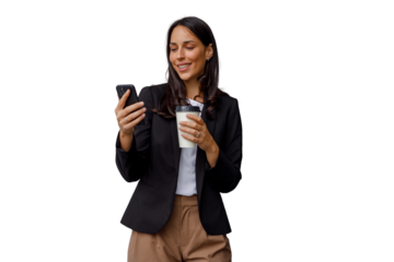 Businesswoman smiling, holding smartphone and coffee cup, checking messages, staying connected, transparent background