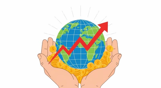 Business hands holding a globe with financial growth symbols and arrows representing global market expansion success and rising economic profit margins for companies investing in international