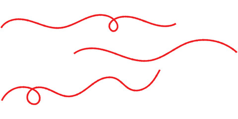 Red isolated vector thread icons on white background. Modern isolated curved thread on red colour. Three different shapes thread on white page. 
