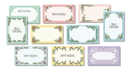 Set of Christmas and holiday greeting cards with decorative borders and pastel backgrounds, white background