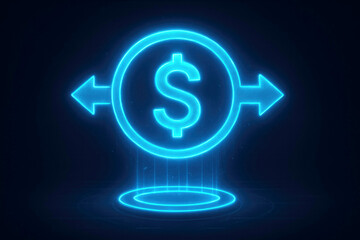 Obraz premium Neon blue dollar coin icon with arrows for exchange on a dark background money currency