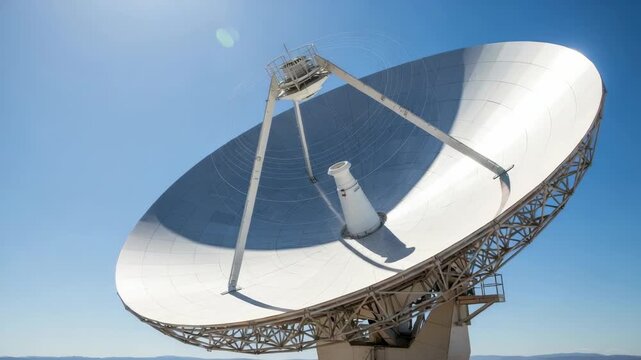 massive white parabolic antenna dominates clear blue sky capturing signals Its gridded surface reflects sunlight with central feedhorn supported by struts and robust base structure