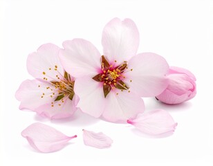 Obraz premium Close-up of delicate pink almond blossoms and fallen petals isolated on white backgro