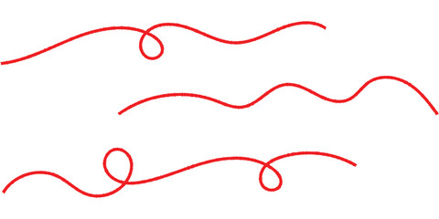 Red isolated vector thread icons on white background. Modern isolated curved thread on red colour. Three different shapes thread on white page. 