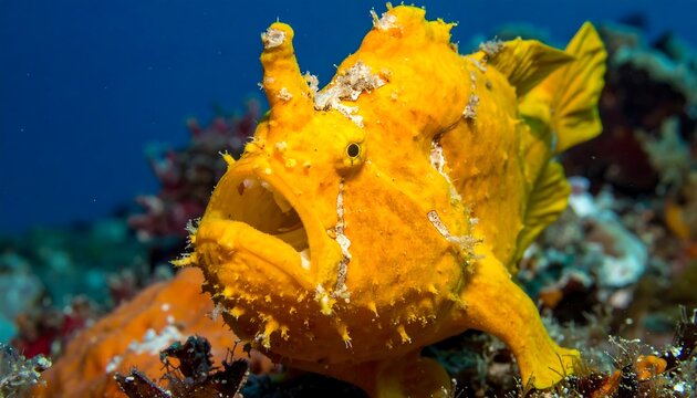 A vibrant yellow frogfish with textured skin and prominent eyes, showcasing underwater life, set against a blurred reef background