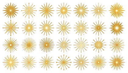 Golden stylized sunburst elements in various shapes on white background