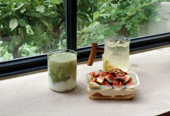 matcha latte drink korea cafe tea time fig cake lemon dessert