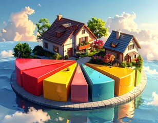 Conceptual Diagram of Housing Market Analysis with Colorful Pie Chart and Houses