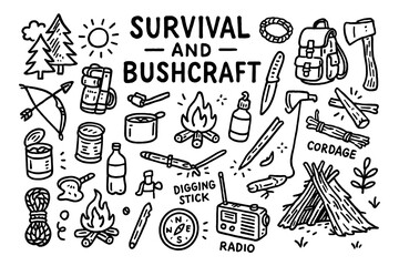Survival and bushcraft doodle with camping tools, fire, knife, and outdoor gear, Transparent Background
