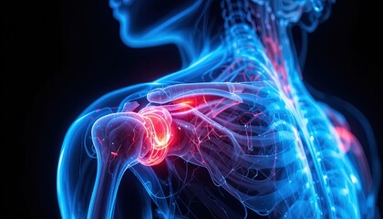 Stunning 3D rendering of shoulder joint pain highlighting inflammation, perfect for medical education and healthcare advertising campaigns needing anatomical visuals