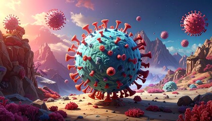 Conceptual Illustration of a Coronavirus with a Landscape Backdrop