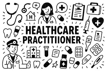 Healthcare practitioner doodle with doctors, medicine, and medical equipment icons, Transparent Background