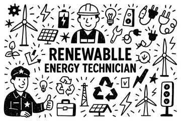 Renewable energy technician doodle with solar panels, wind turbines, and eco power symbols, Transparent Background