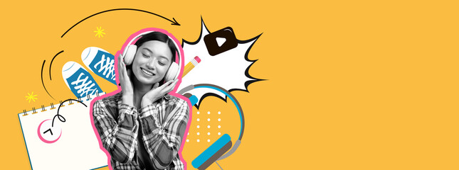 A cheerful young woman wears headphones while smiling, immersed in music. The lively collage behind her features sneakers, a notebook, and playful graphics, creating a youthful atmosphere.