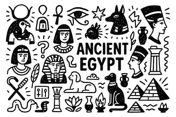 Ancient Egypt doodle with pyramids, pharaohs, gods, and hieroglyphic symbols, Transparent Background