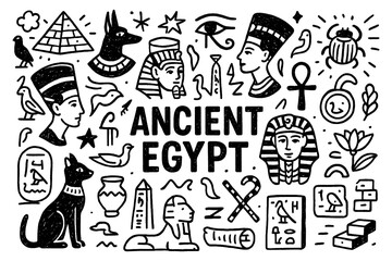 Ancient Egypt doodle with pyramids, pharaohs, gods, and hieroglyphic symbols, Transparent Background