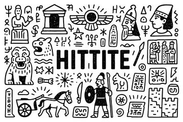 Ancient Hittite civilization doodle with warriors, temples, animals, and cultural symbols, Transparent Background