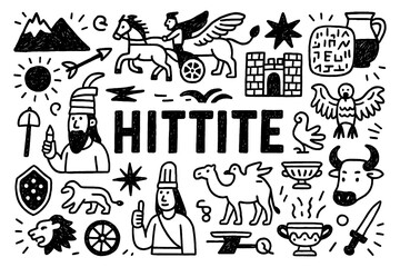 Ancient Hittite civilization doodle with warriors, temples, animals, and cultural symbols, Transparent Background