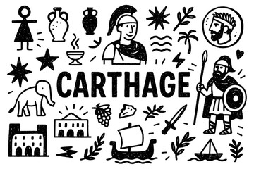 Carthage civilization doodle with ancient warriors, ships, architecture, and cultural symbols, Transparent Background