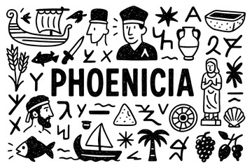 Phoenicia civilization doodle with ancient ships, people, artifacts, and cultural symbols, Transparent Background