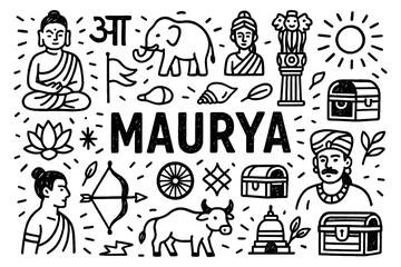 Maurya Empire doodle with ancient Indian symbols, Buddha figures, and cultural artifacts, Transparent Background