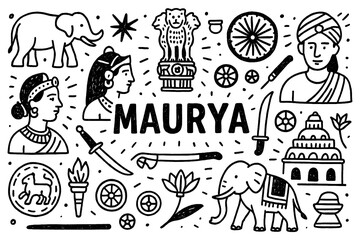 Maurya Empire doodle with ancient Indian symbols, Buddha figures, and cultural artifacts, Transparent Background