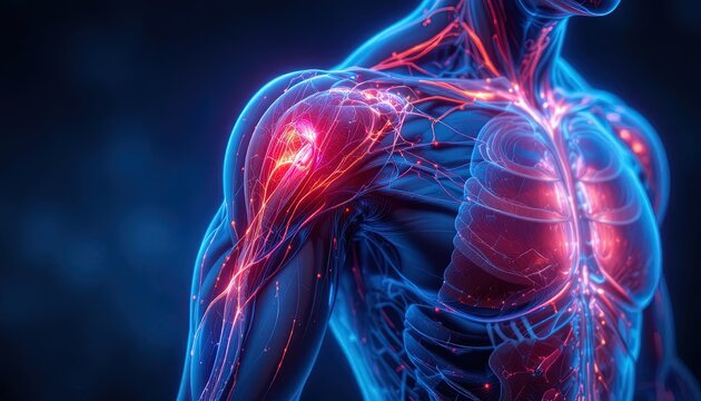 Glowing human anatomy with vibrant muscle structure visualizes cutting-edge medical technology for health-focused campaigns and innovative research projects