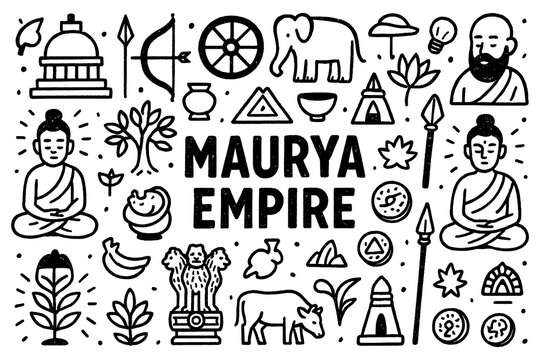 Maurya Empire doodle with ancient Indian symbols, Buddha figures, and cultural artifacts, Transparent Background