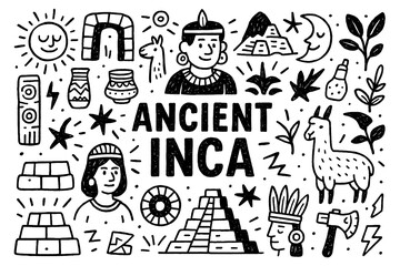 Fototapeta premium Inca culture doodle with ancient symbols, people, animals, and traditional artifacts, Transparent Background