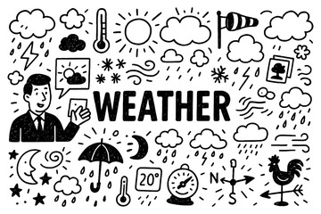Weather doodle with sun, clouds, rain, snow, and meteorological symbols, Transparent Background