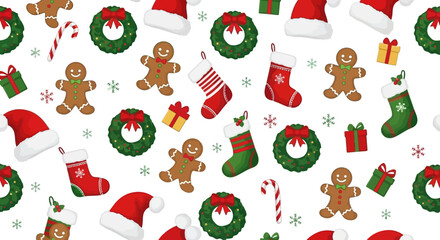 Festive Christmas pattern with holiday icons like gingerbread man, wreaths, santa hats, and stockings, white background