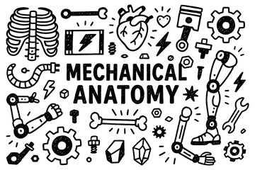 Mechanical anatomy doodle with robot body parts, gears, and human organs fusion concept, Transparent Background