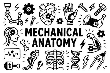 Mechanical anatomy doodle with robot body parts, gears, and human organs fusion concept, Transparent Background