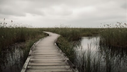Obraz premium Wooden boardwalk winding through a marsh, overcast sky