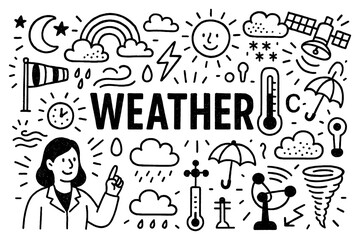 Weather doodle with sun, clouds, rain, snow, and meteorological symbols, Transparent Background