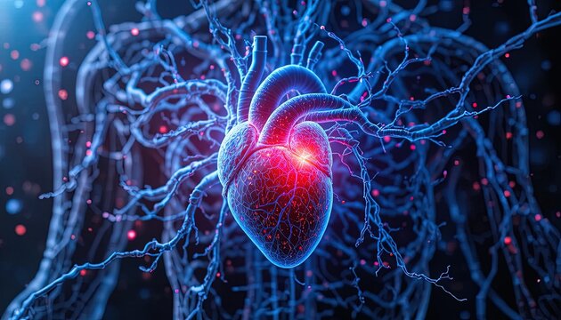 Stunning heart illustration with glowing arteries and veins showcasing cardiology, medical research, and innovative healthcare solutions for a healthy future