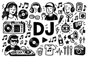 DJ doodle with turntable, headphones, disco ball, and music party elements, Transparent Background
