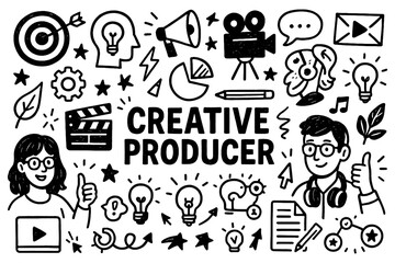 Creative producer doodle with filmmakers, video camera, and media production icons, Transparent Background