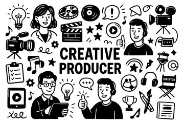 Creative producer doodle with filmmakers, video camera, and media production icons, Transparent Background