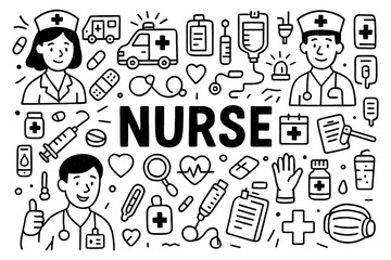 Nurse doodle composition with medical staff, ambulance, and healthcare icons, Transparent Background