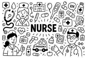 Nurse doodle composition with medical staff, ambulance, and healthcare icons, Transparent Background