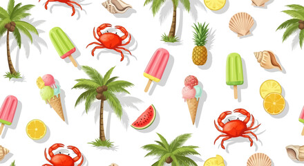 Seamless summer pattern with tropical elements: palm trees, crabs, shells, and refreshing treats, white background © gita