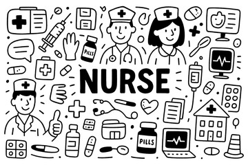 Nurse doodle composition with medical staff, ambulance, and healthcare icons, Transparent Background
