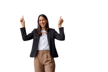 Cheerful young businesswoman smiling, confidently pointing fingers up, presenting new ideas and future direction