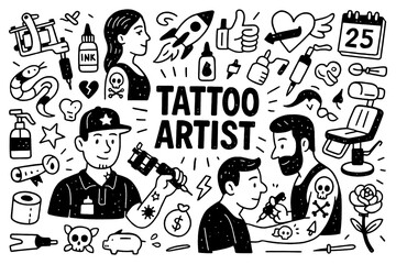 Tattoo artist doodle set with tattoo machine, clients, ink bottles, and studio equipment, Transparent Background