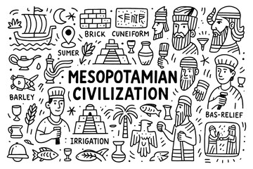 Mesopotamia civilization doodle set with temples, gods, cuneiform tablets, animals, and ancient people, Transparent Background