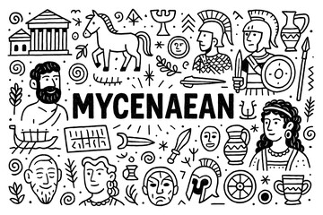 Mycenaean civilization doodle set with warriors, helmets, temples, pottery, and ancient symbols, Transparent Background